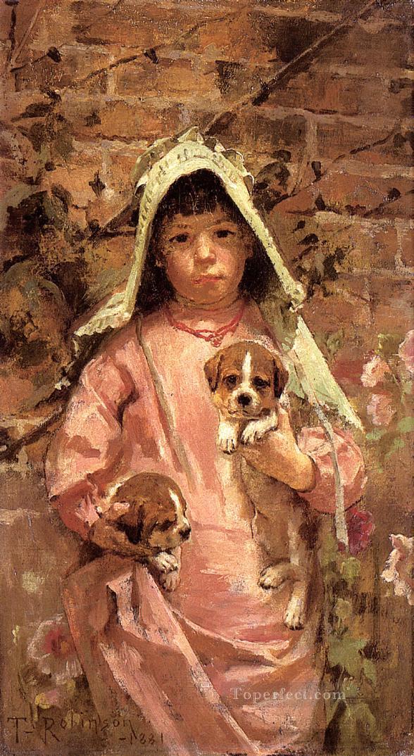Girl with Puppies Theodore Robinson Oil Paintings